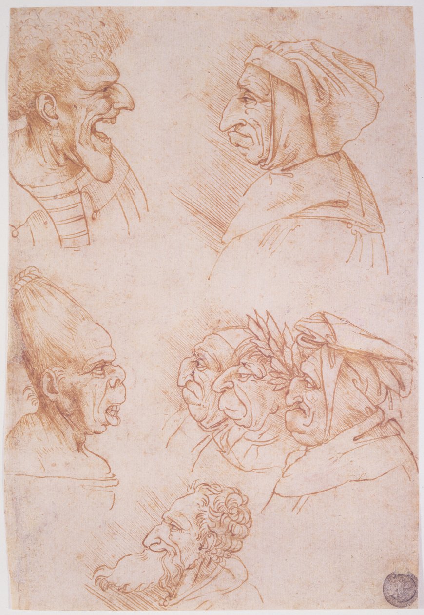 Siedem studiów groteskowych twarzy (czerwona kreda na papierze) autorstwa Leonardo da Vinci
