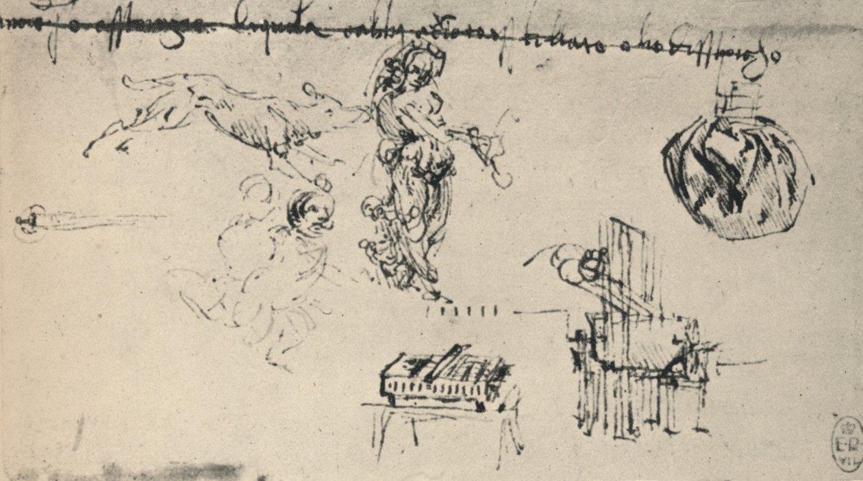 Arkusz etiud z młodą kobietą, wilkiem itp., ok. 1480 1945 r. autorstwa Leonardo da Vinci