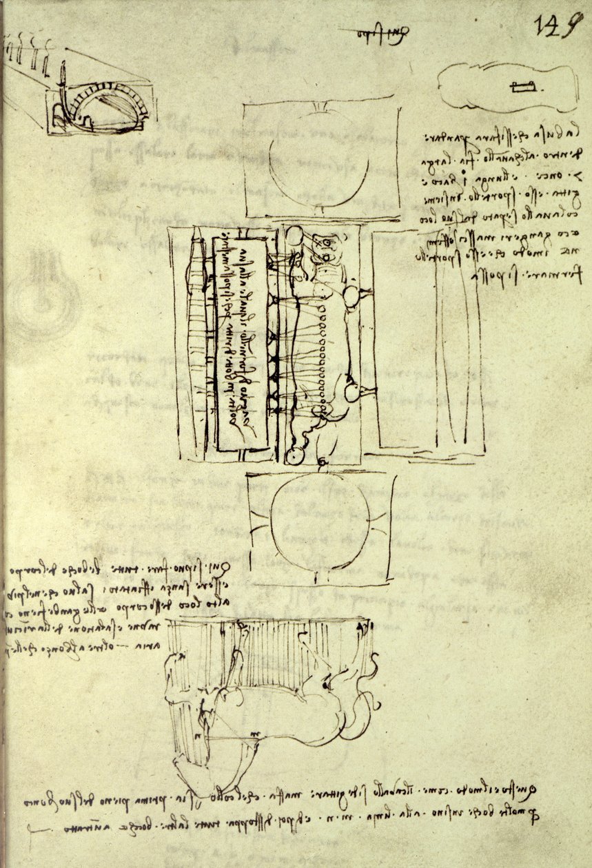 Szkic szybu odlewniczego dla konia Sforzów widziany z góry i z boku, fol. 149r z Codex Madrid I, ok. 1493 r. autorstwa Leonardo da Vinci