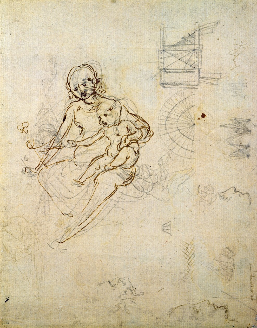 Studia dla Dziewicy z Dzieciątkiem i Głowami w Profilu i Maszynach, ok. 1478-80 (ołówek i atrament na papierze) autorstwa Leonardo da Vinci