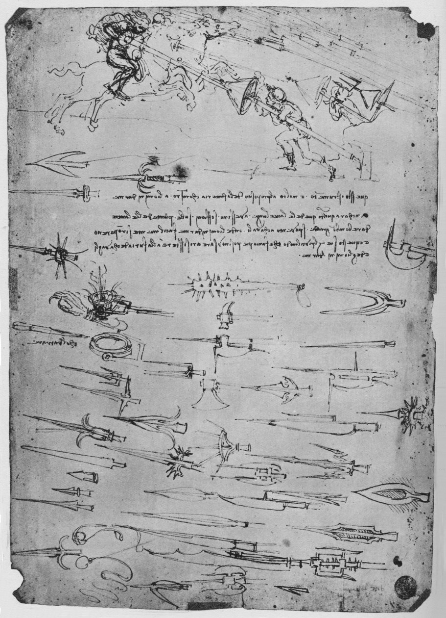 Badania piechoty atakującej jeźdźców włóczniami z tarczami, c 1480, 1945 r autorstwa Leonardo da Vinci