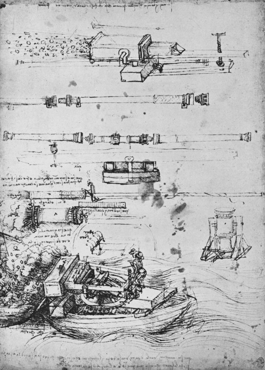 Studia nad moździerzami, jednym strzałem z łodzi i kanonem, ok. 1480 1945 r autorstwa Leonardo da Vinci