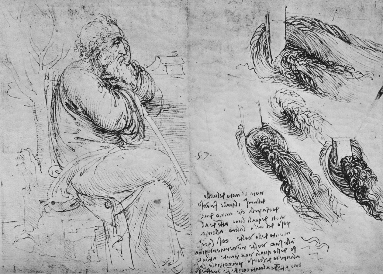 Badania siedzącego starca i wirującej wody, ok. 1480 1945 r. autorstwa Leonardo da Vinci