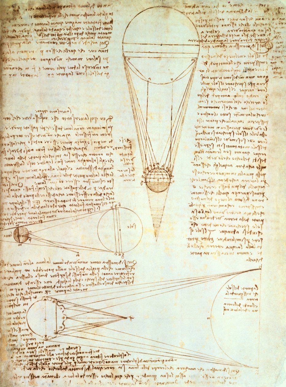 Studia iluminacji księżyca, fol. 1r z Codex Leicester, c.1506-08 autorstwa Leonardo da Vinci