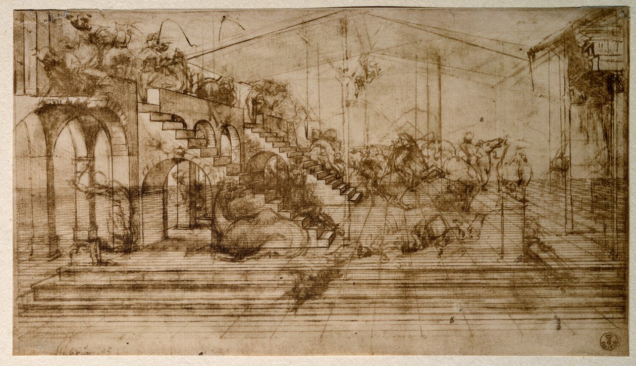 Studium Adoracji Trzech Króli (rysunek ołówkiem) autorstwa Leonardo da Vinci