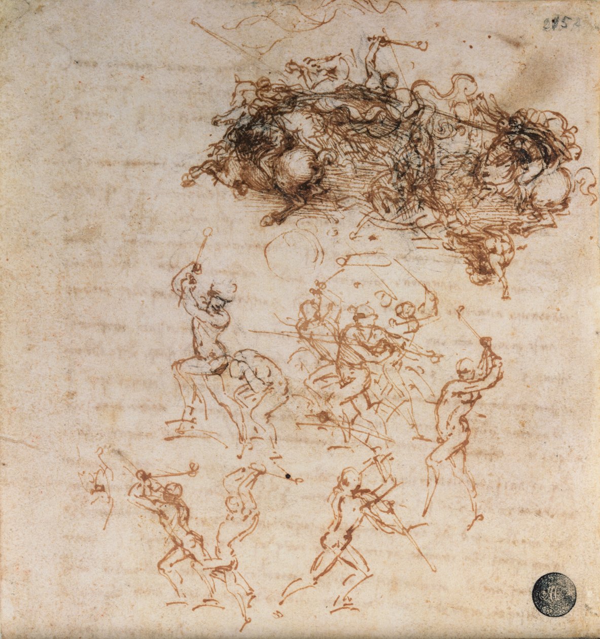 Studium walczących jeźdźców i pieszych żołnierzy, 1503 (pióro i tusz na papierze) autorstwa Leonardo da Vinci