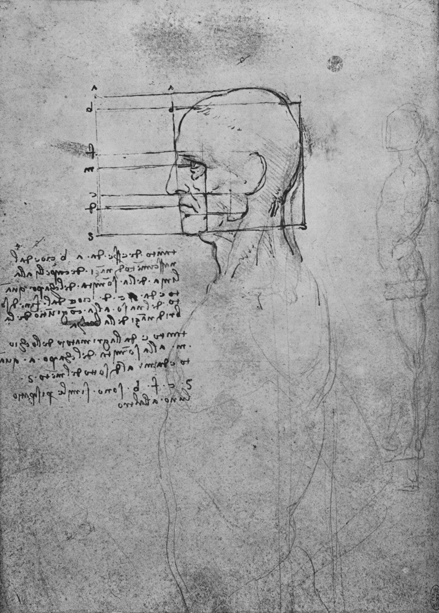 Studium nagiego torsu mężczyzny, z głową do kwadratu dla proporcji, c1480 1945 autorstwa Leonardo da Vinci