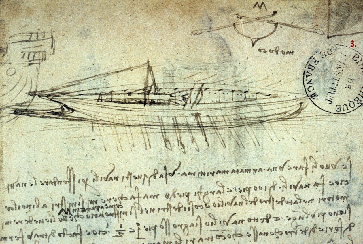 Studium łodzi wyposażonej w serię wioseł autorstwa Leonarda de Vinci (Leonardo da Vinci) (1452 - 1519). Rysowanie piórem i atramentem. Rękopis. Biblioteka Instytutu Francji. Paryż. autorstwa Leonardo da Vinci