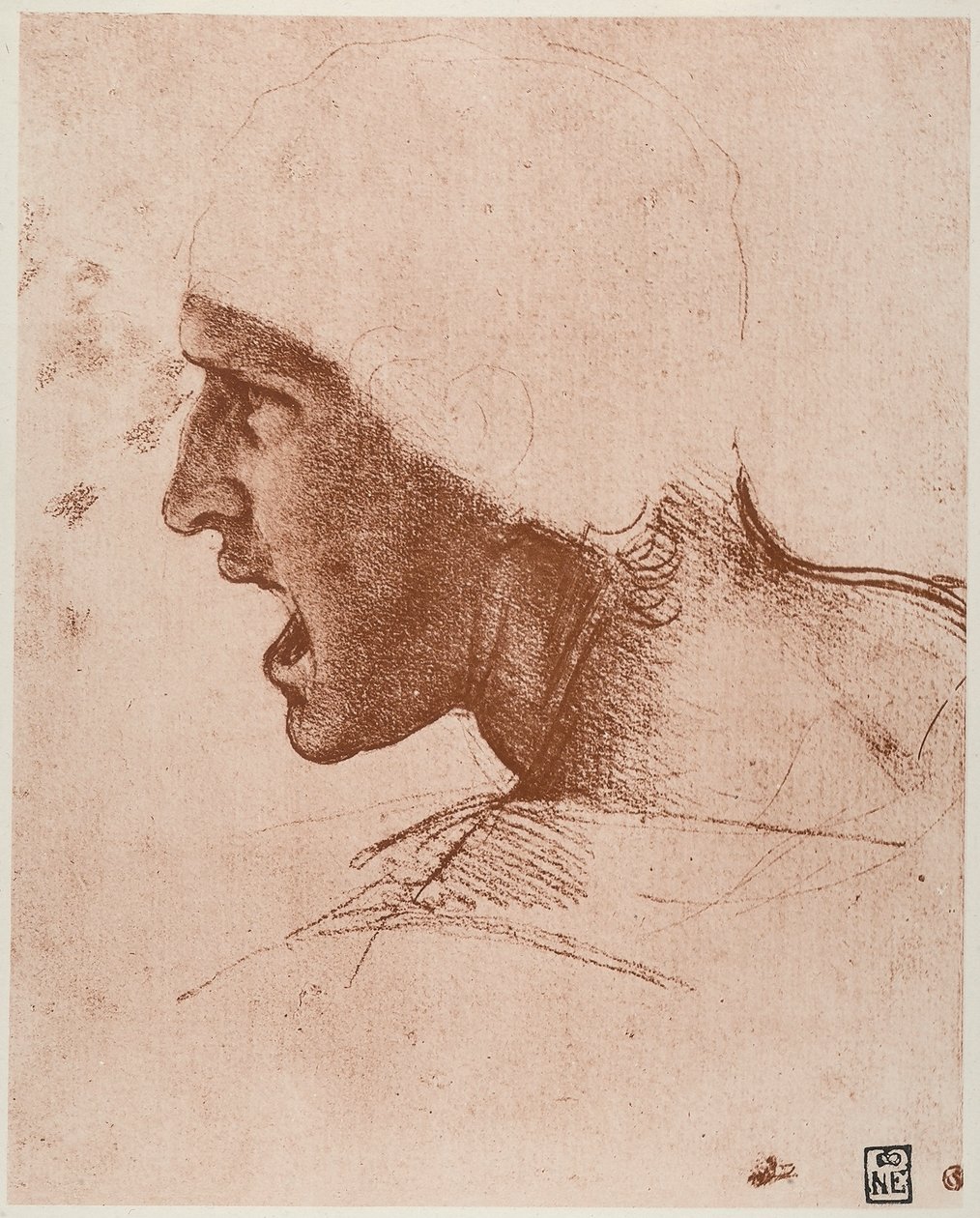 Studium męskiej głowy do bitwy pod Anghiari, rysunek Leonarda da Vinci, sangwiniczny na różowym papierze, zachowany w Muzeum Sztuk Pięknych w Budapeszcie. autorstwa Leonardo da Vinci
