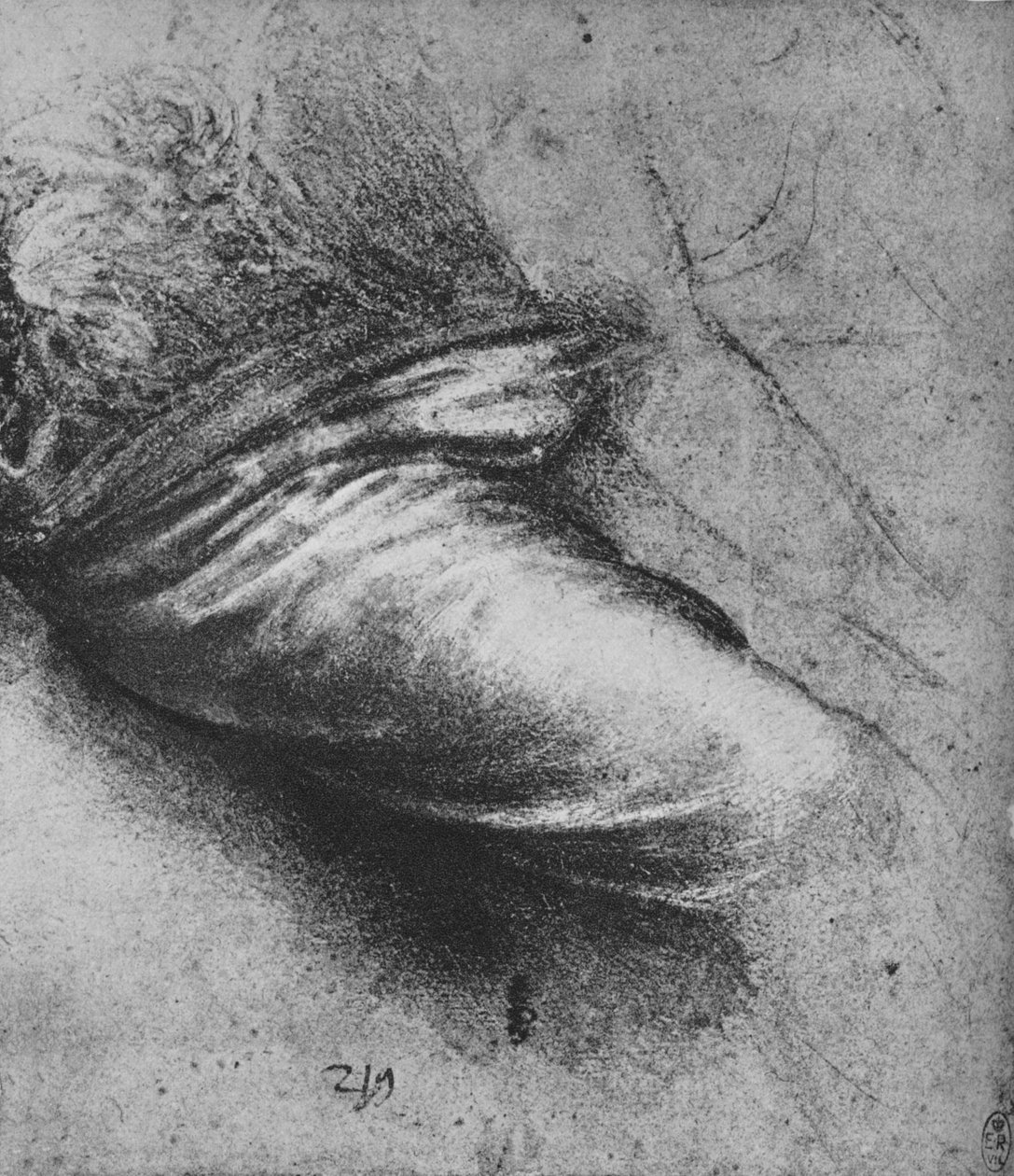 Studium draperii siedzącej postaci po prawej stronie, ok. 1480 1945 r autorstwa Leonardo da Vinci