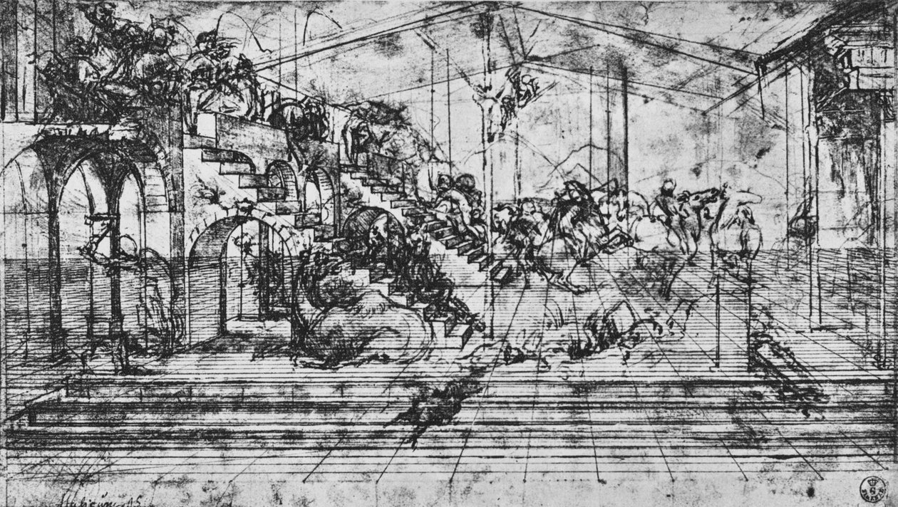 Studium perspektywy tła adoracji Trzech Króli, 1481 1945 r autorstwa Leonardo da Vinci