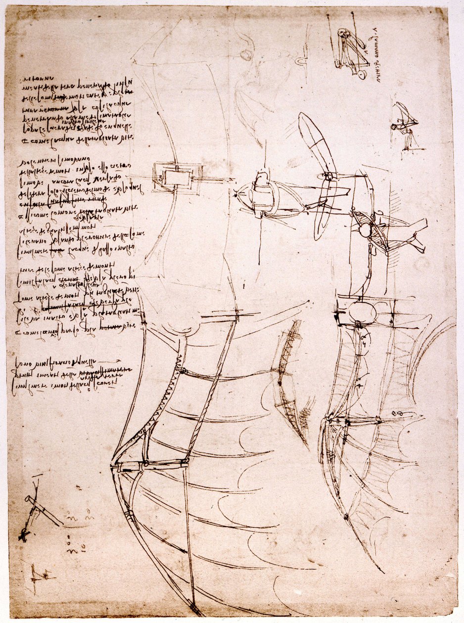 Studiuj na skrzydłach. Kodeks Atlantycki. Kodeks Atlantycki, Rysunek Leonarda de Vinci (Leonardo da Vinci) około 1499 r. autorstwa Leonardo da Vinci