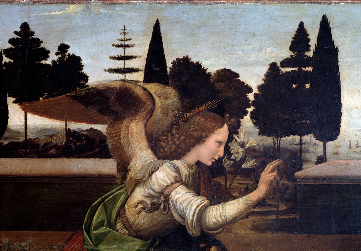 Zwiastowanie, fragment Anioła - olej na drewnie autorstwa Leonardo da Vinci