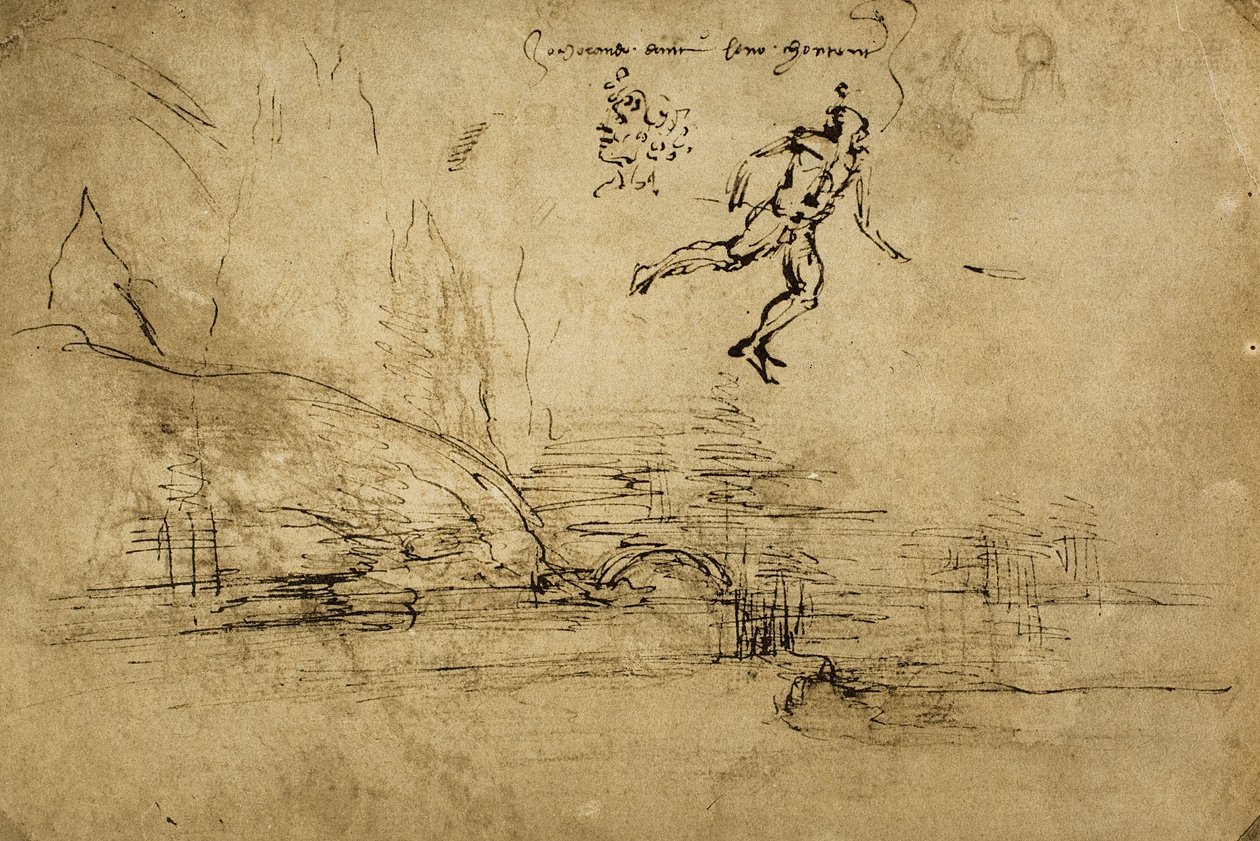 Tył pejzażu z postacią żołnierza: rysunek długopisem Leonarda da Vinci. Gabinet Rysunków i Grafiki, Galeria Uffizi, Florencja autorstwa Leonardo da Vinci