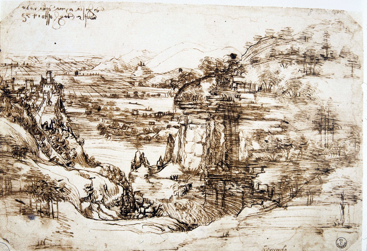 Pierwszy znany rysunek Leonarda de Vinci (Leonardo da Vinci) (1452-1519), „”Pejzaż Santa Maria della Neve””: krajobraz doliny Arno, niedaleko Florencji. autorstwa Leonardo da Vinci