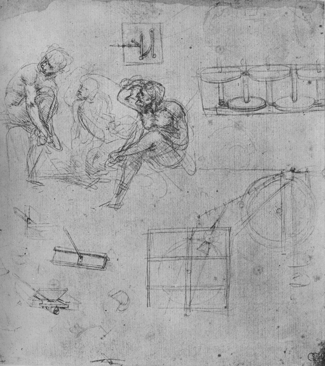 Trzy Siedzące Figury i Studia Maszyn, 1480-1481 1945 autorstwa Leonardo da Vinci