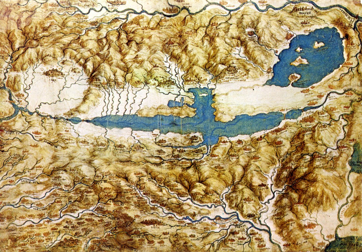 Topograficzny widok na okolicę wokół niziny Arezzo i Val di Chiana, początek XVI w autorstwa Leonardo da Vinci