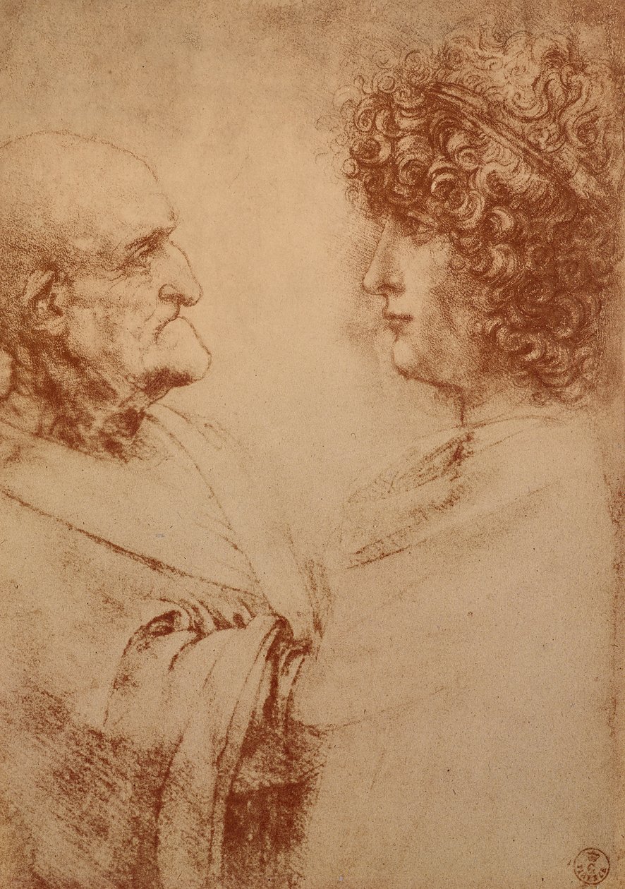 Dwie głowy z profilu, ok. 1500 (czerwona kreda na papierze) autorstwa Leonardo da Vinci