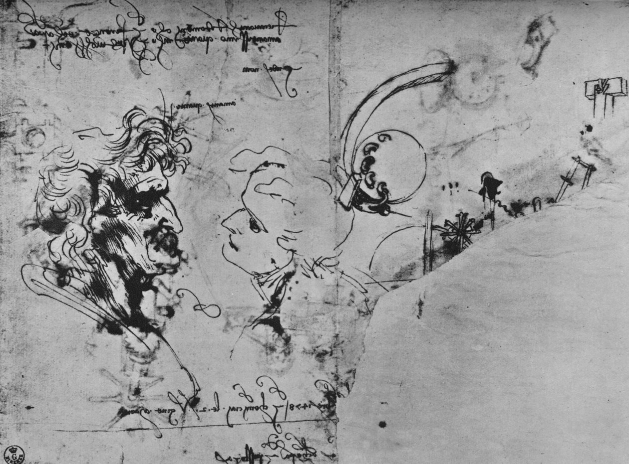 Dwa profile i studia maszynowe, c1480 1945 autorstwa Leonardo da Vinci