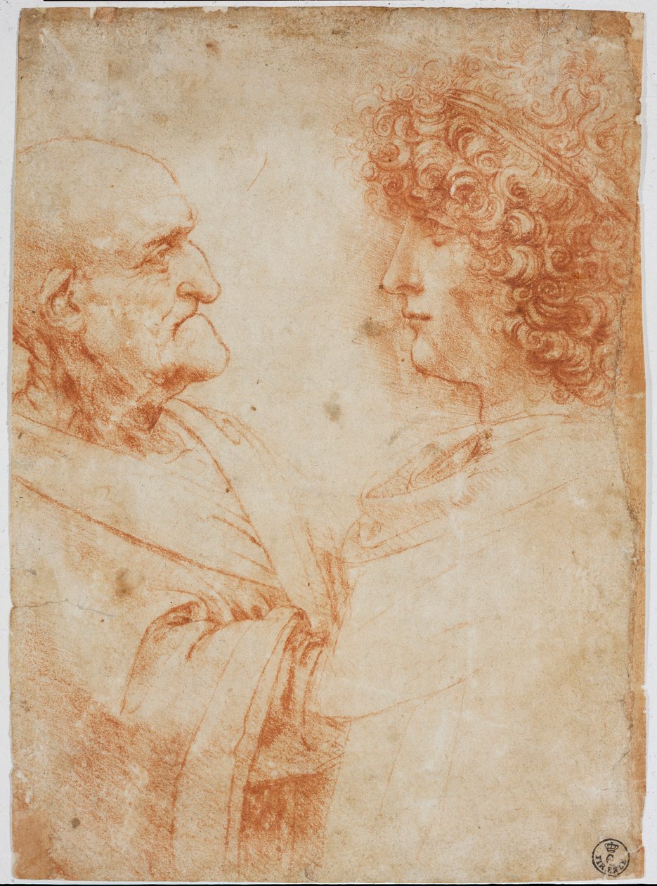 Dwa męskie profile, starzec i młody mężczyzna - Młody mężczyzna reprezentuje Gian Giacomo Caprotti dit Andrea Salai lub Salaij (około 1480-1524), uczeń i kochanek Leonarda - Rysunek a la sanguine Leonarda da Vinci (Leonard de Vinci) ( 1452-1519) - Florencj autorstwa Leonardo da Vinci