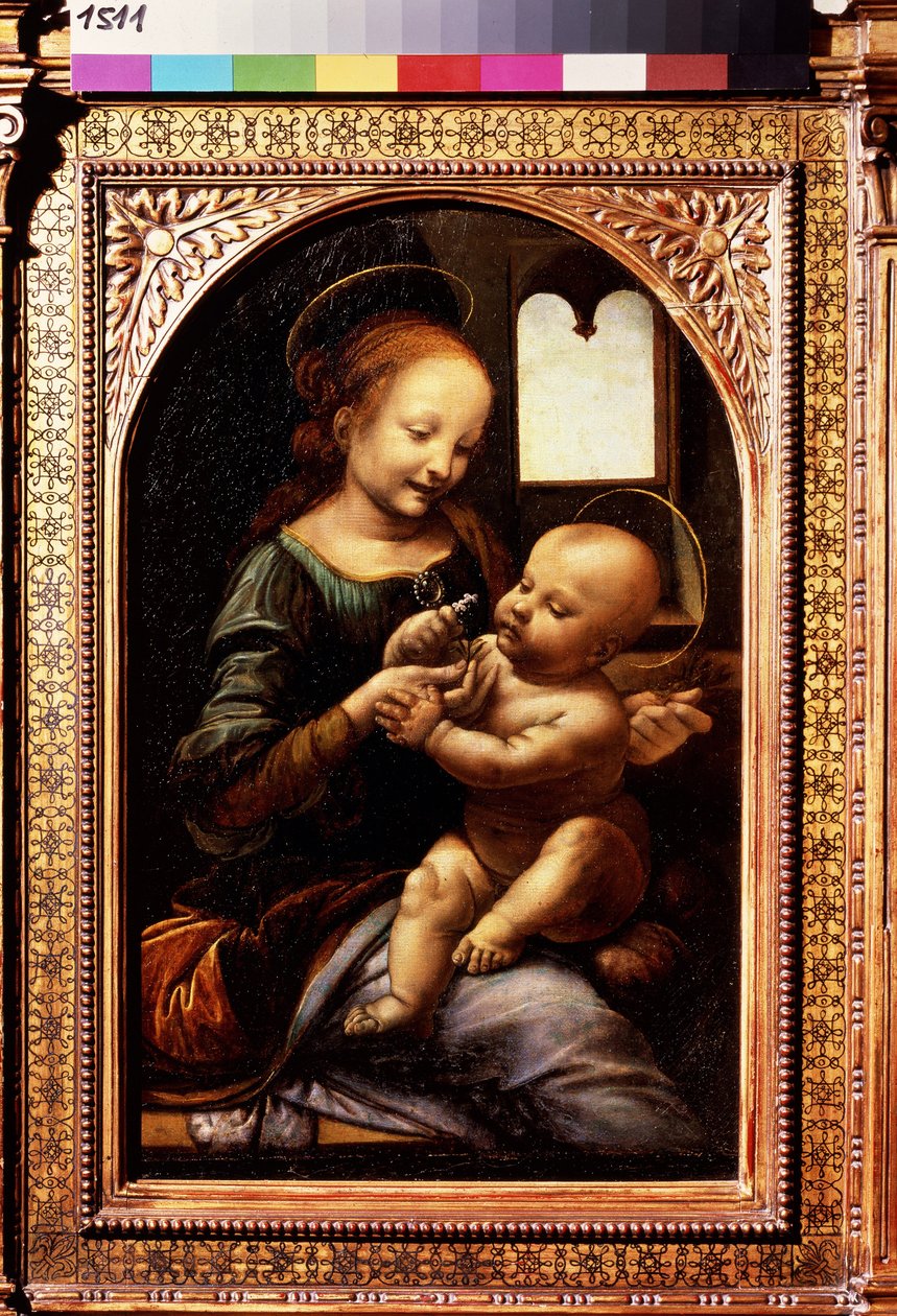 Dziewica z Dzieciątkiem z Kwiatem lub Madonna Benois (Madonna z Kwiatem lub Madonna Benois). Obraz Leonarda da Vinci (Leonardo da Vinci autorstwa Leonardo da Vinci