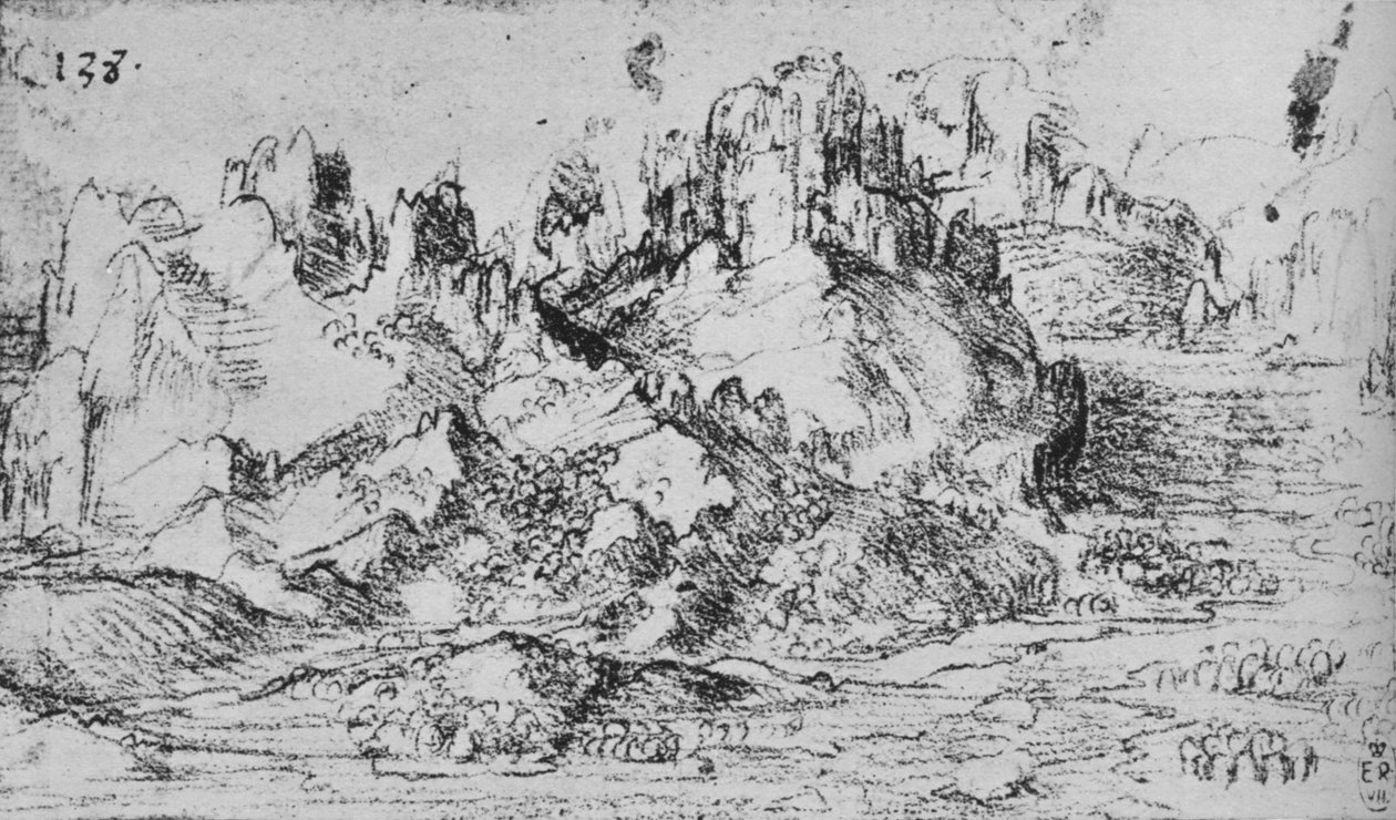 Widok na dolinę z górami, ok. 1480 1945 autorstwa Leonardo da Vinci