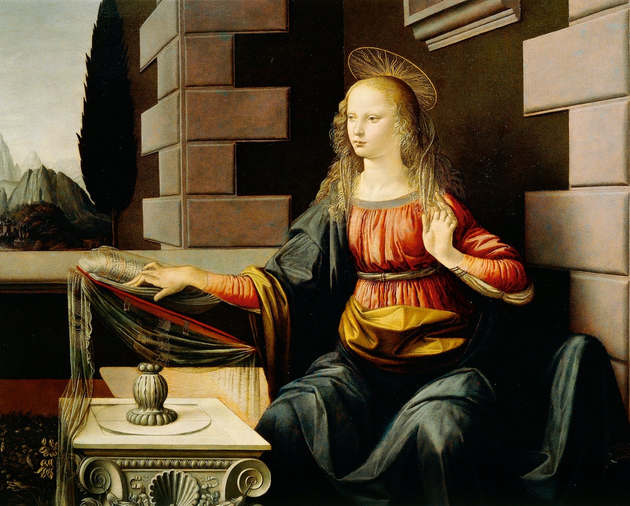 Matka Boska, fragment Zwiastowania, ok. 1475 (olej i tempera na drewnie) autorstwa Leonardo da Vinci