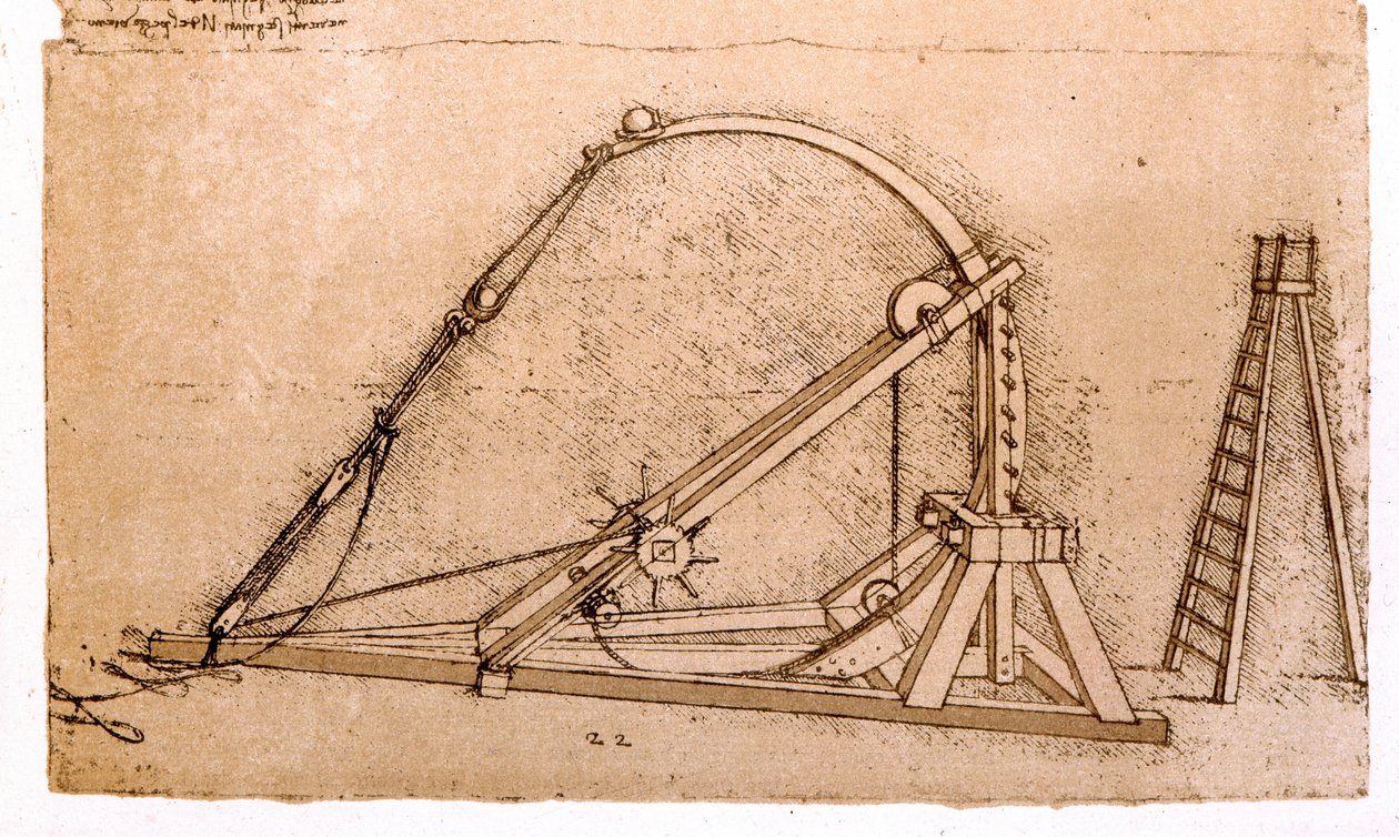 Machina wojenna: studium katapulty Leonarda de Vinci (Leonardo da Vinci) (1452-1519). autorstwa Leonardo da Vinci