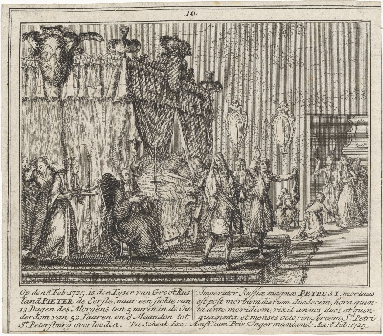 La mort de Pierre I le Grand, le 8 fevrier 1725 - Śmierć Piotra Wielkiego 8 lutego 1725 r. przez Schenka, Leonarda (1696-1767). Grawerowanie miedzi autorstwa Leonardus Schenk