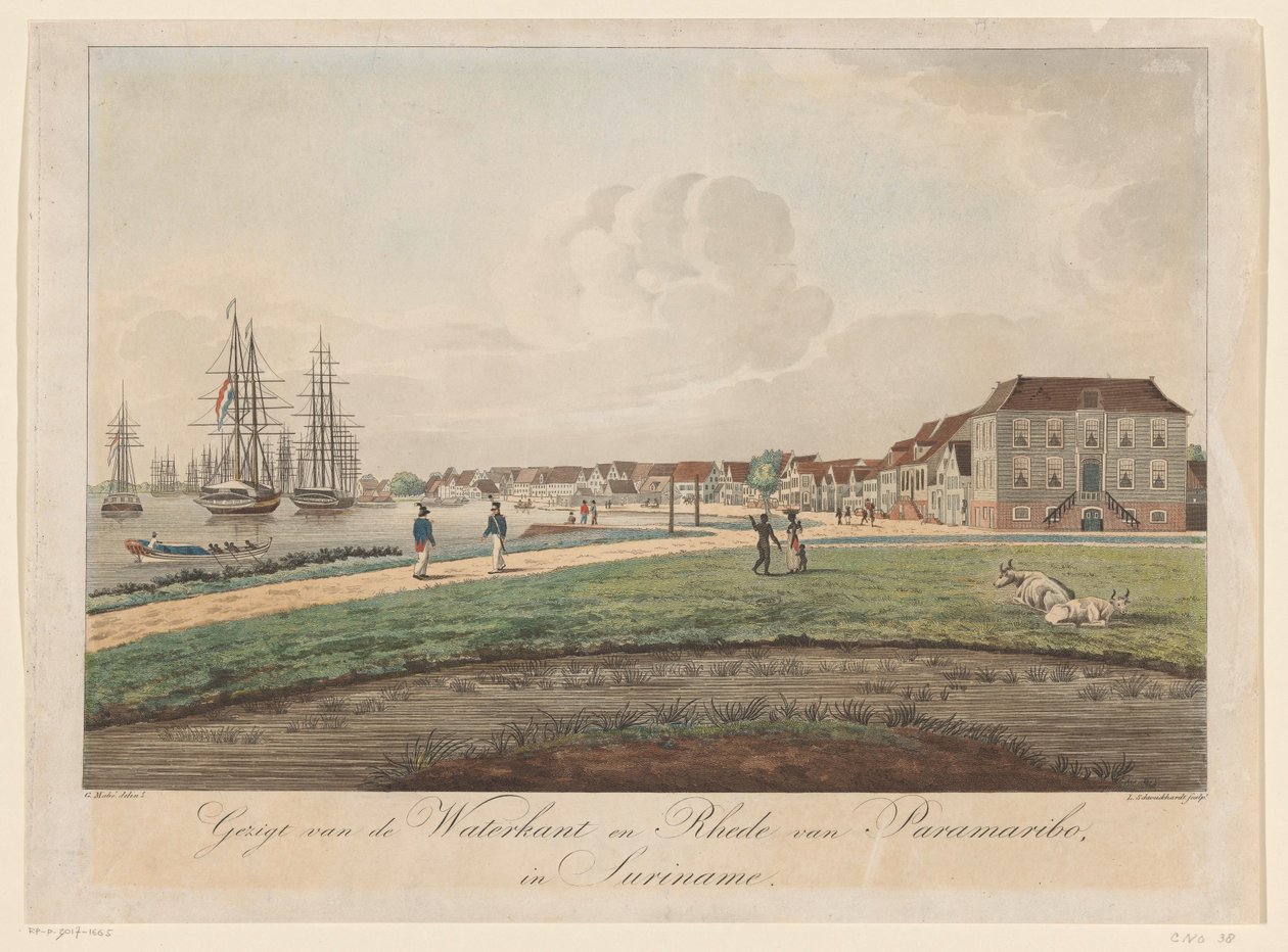 Widok na nabrzeże w Paramaribo Widok na Waterkant i Rhede of Paramaribo w Surinamie (tytuł na obiekcie) autorstwa Leonardus Schweickhardt