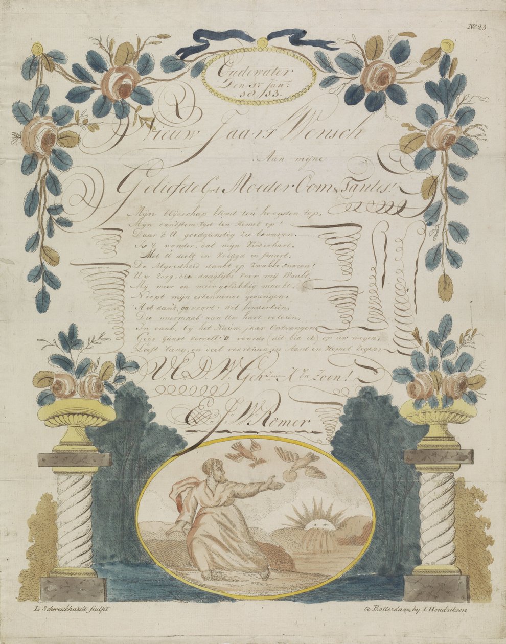 List życzeń z Eliaszem karmionym przez kruki autorstwa Leonardus Schweickhardt
