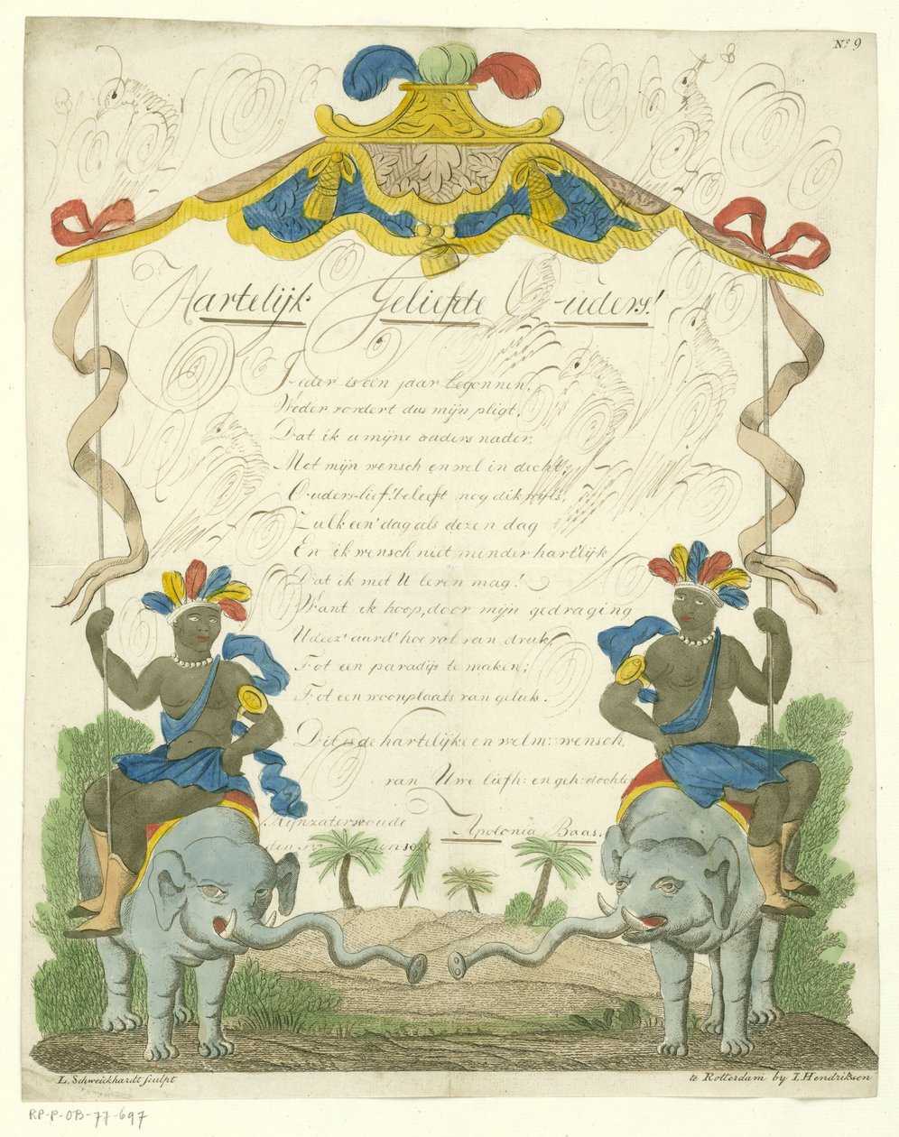List życzeń z czarnymi mężczyznami na słoniach autorstwa Leonardus Schweickhardt