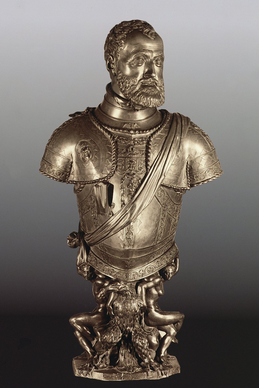 Popiersie portretowe cesarza Świętego Cesarstwa Rzymskiego Karola V (1500-58) (brąz) autorstwa Leone Leoni