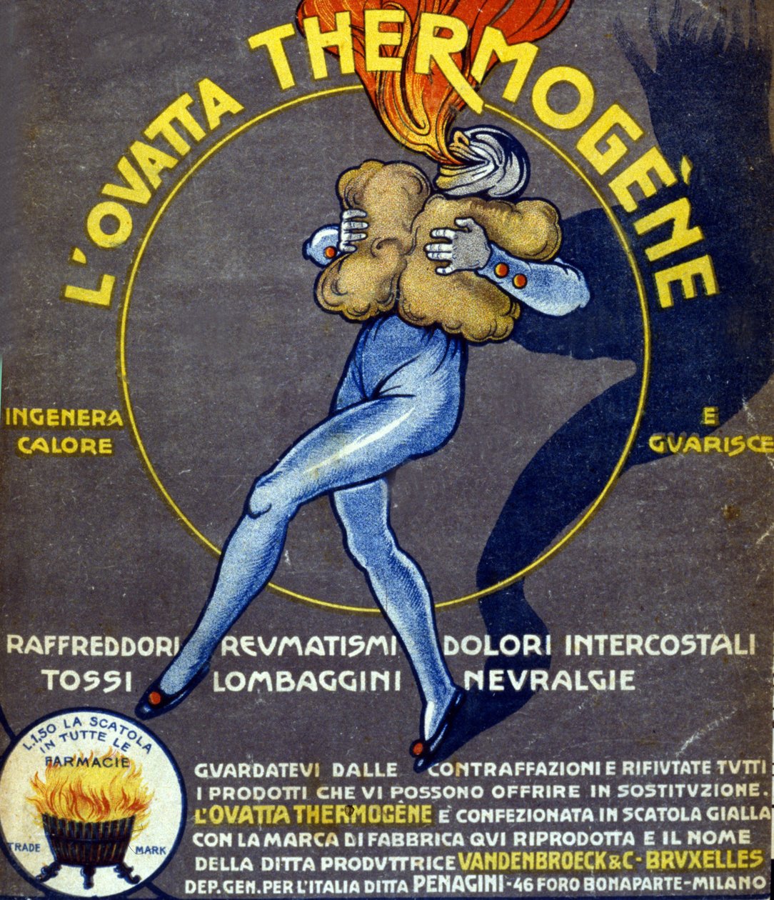 Reklama termogenicznej waty leczącej przeziębienia, bóle wewnętrzne, reumatyzm, kaszel, nerwobóle i lumbago. Rysunek L. Cappiello (1875 - 1942) Włochy, XX wiek. autorstwa Leonetto Cappiello