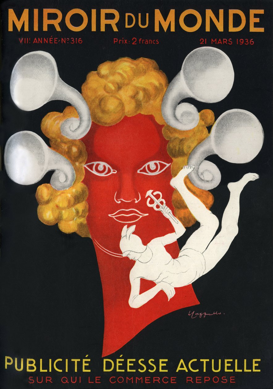Alegoria Reklamy „Obecna Bogini, na której opiera się handel””, z Merkurym, bogiem podróżników i handlu. Okładka magazynu Mirror du monde nr 316, 21 marca autorstwa Leonetto Cappiello
