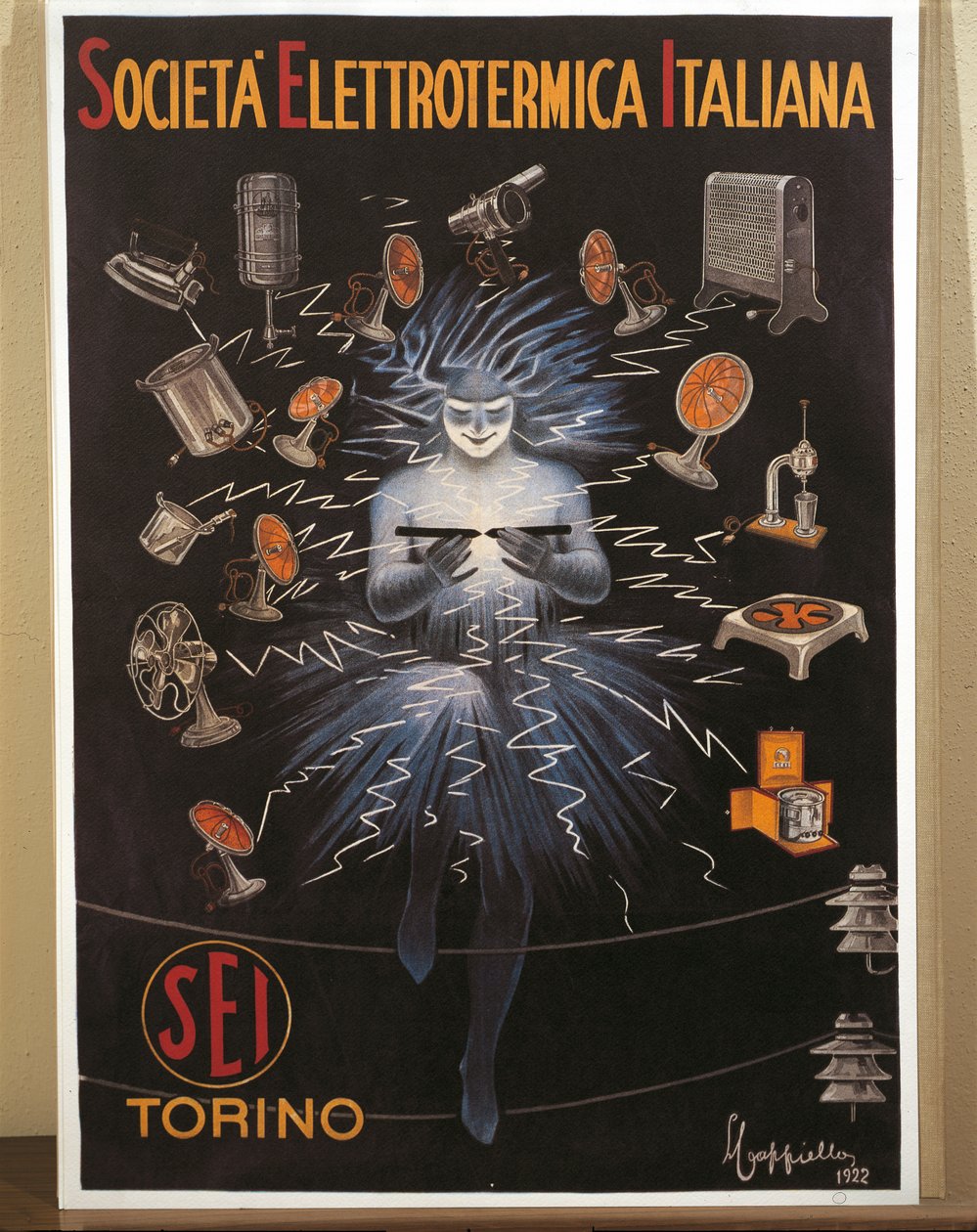 Kolorowa litografia Leonetto Cappiello, SEI, plakat reklamowy włoskiej firmy Electroheat autorstwa Leonetto Cappiello