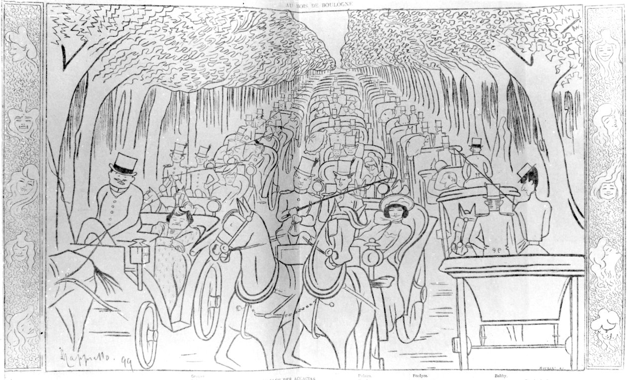 Gwiazdy estradowe, muzyczne i operowe epoki Belle Epoque, jeżdżące po Lasku Bulońskim, Avenue des Acacias, Paryż, humorystyczna karykatura z magazynu „Le Rire”, 1899 autorstwa Leonetto Cappiello