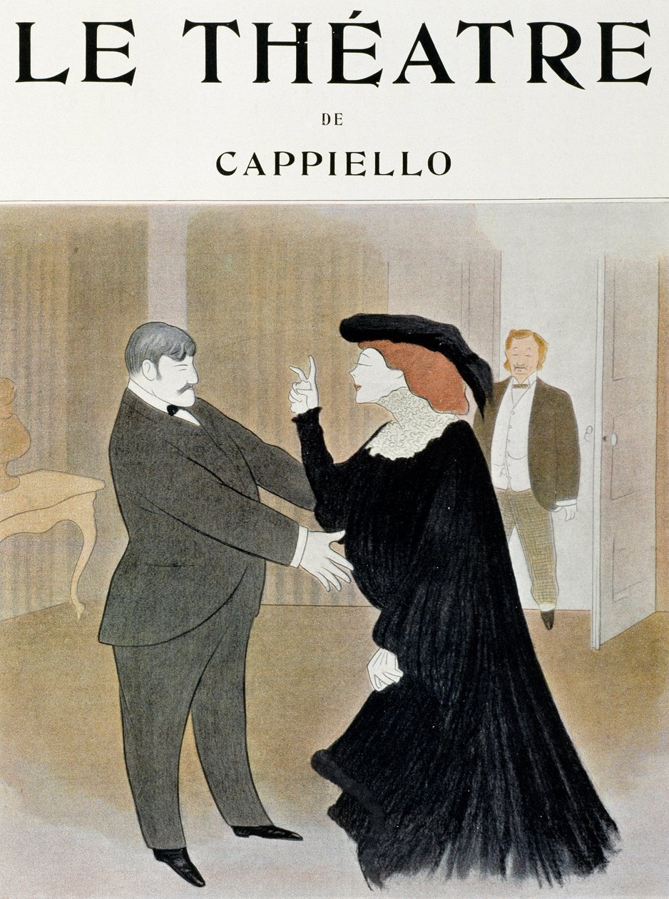 Aktorzy Lucien Guitry (1860-1925) i Jane Harding w scenie z La Chatelaine, wystawionej w Teatrze Renaissance w Paryżu - strona tytułowa czasopisma Teatr, kwiecień 1903, Paryż (druk) autorstwa Leonetto Cappiello