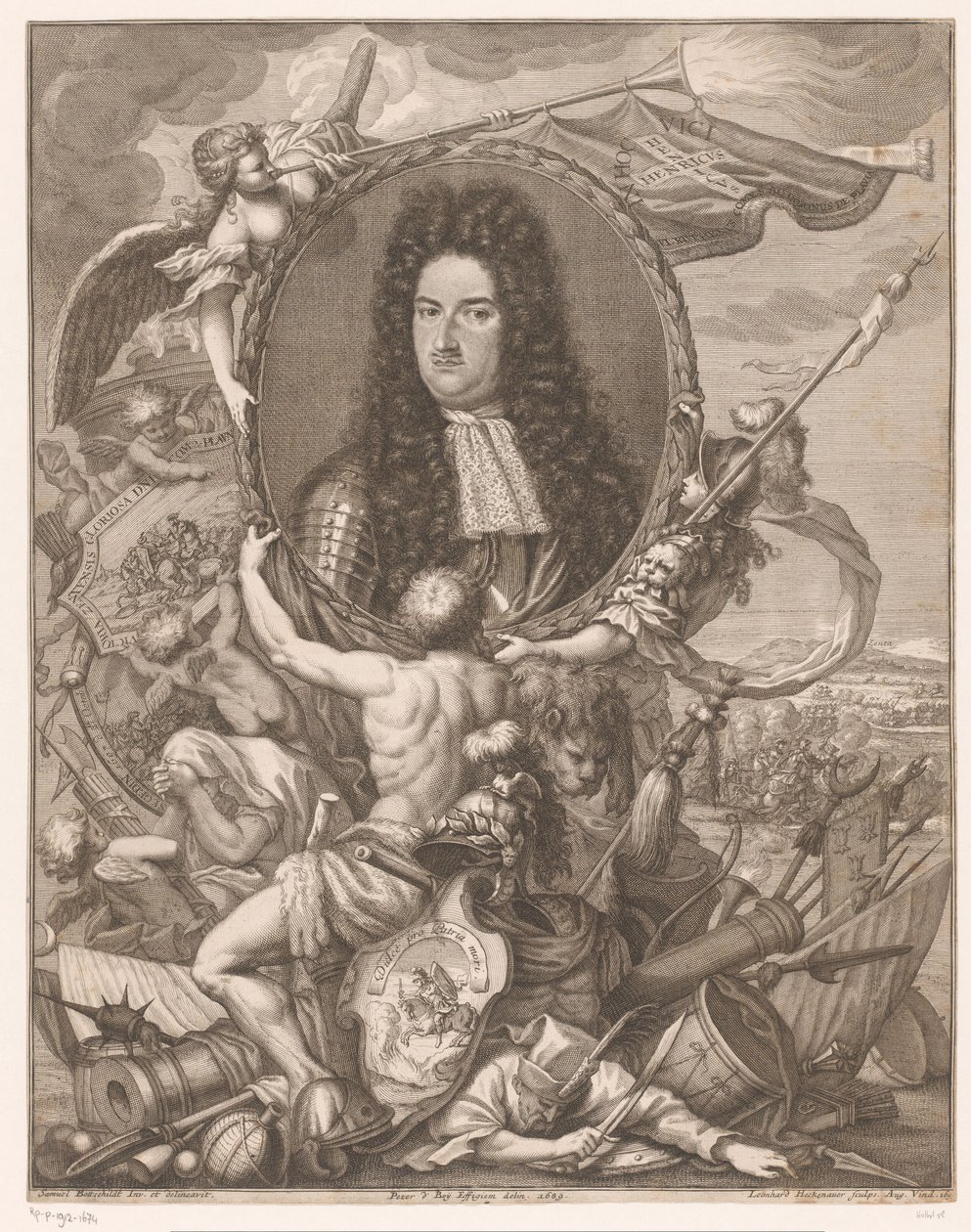 Portret Eugeniusza Sabaudzkiego niesiony przez alegoryczne postacie autorstwa Leonhard Heckenauer