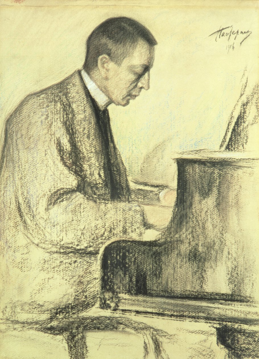 Portret Siergieja Wasiliewicza Rachmaninowa (1873-1943) przy fortepianie, 1916 (pastel na papierze) autorstwa Leonid Osipovic Pasternak