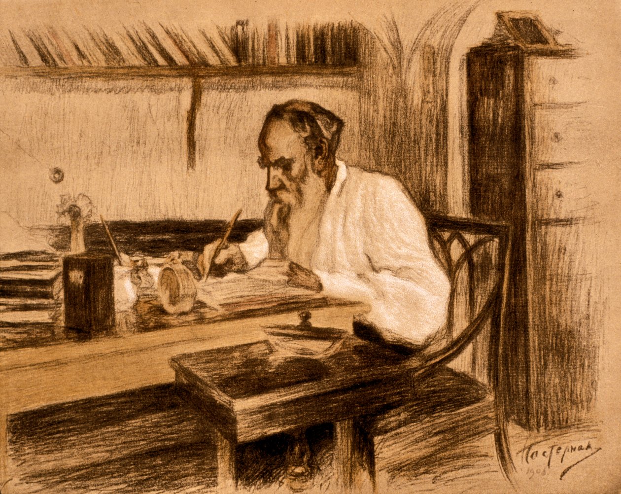 Hrabia Lew Tołstoj w swoim gabinecie. 1908 (litografia) autorstwa Leonid Osipovic Pasternak