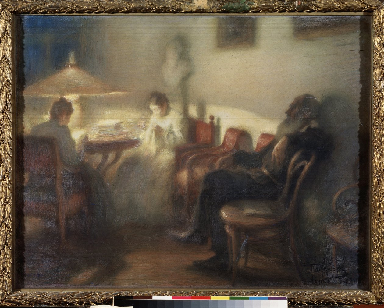 Pisarz Leon Tołstoj (1828-1910) z rodziną w Jasnej Polanie (Autor Lew Tołstoj z rodziną w Jasnej Polanie). Praca Leonida Osipowicza Pasternaka (1862-1945), pastel na papierze autorstwa Leonid Osipovic Pasternak
