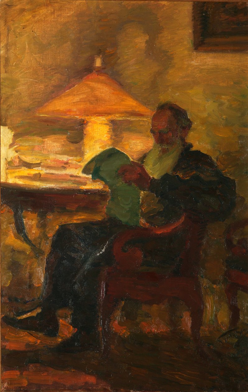 Lew Tołstoj z gazetą, 1901 autorstwa Leonid Osipovic Pasternak