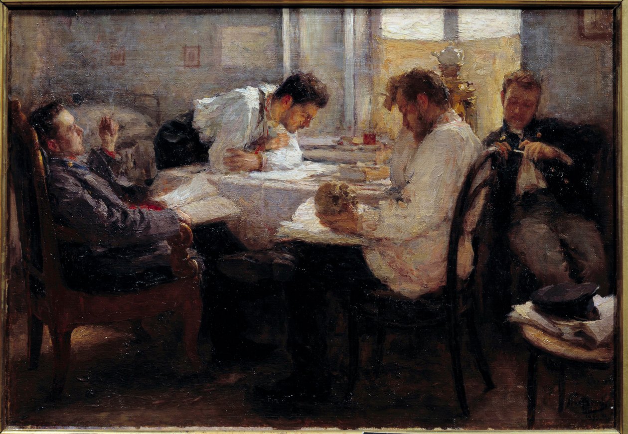W przeddzień egzaminu Studenci oceniający egzaminy. Obraz Leonida Osipowicza Pasternaca (1862-1945) 1895 niedz. 0,39x0,55 m Paryż, musee d