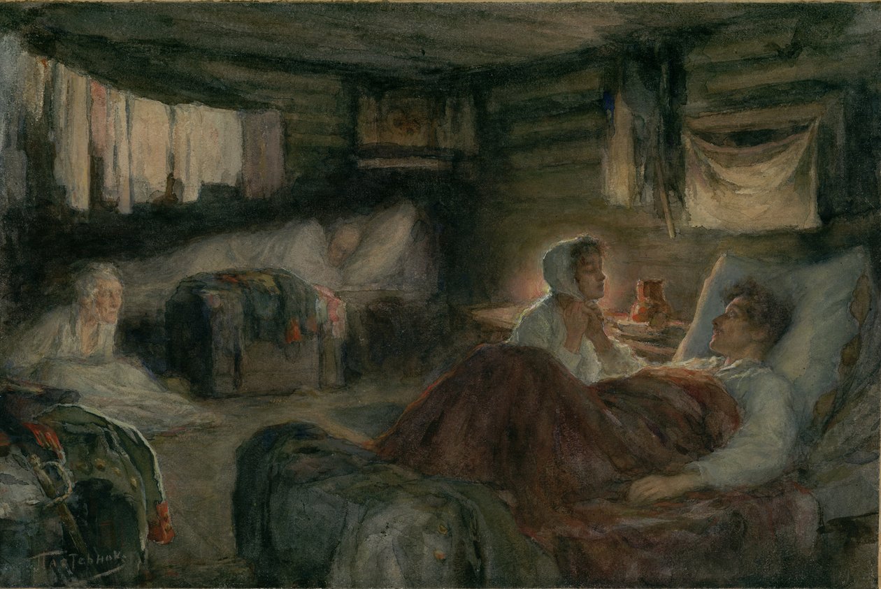 Natasza i ranny książę Andriej w Mytiszczi. Ilustracja do powieści Wojna i pokój, 1893. autorstwa Leonid Osipovich Pasternak