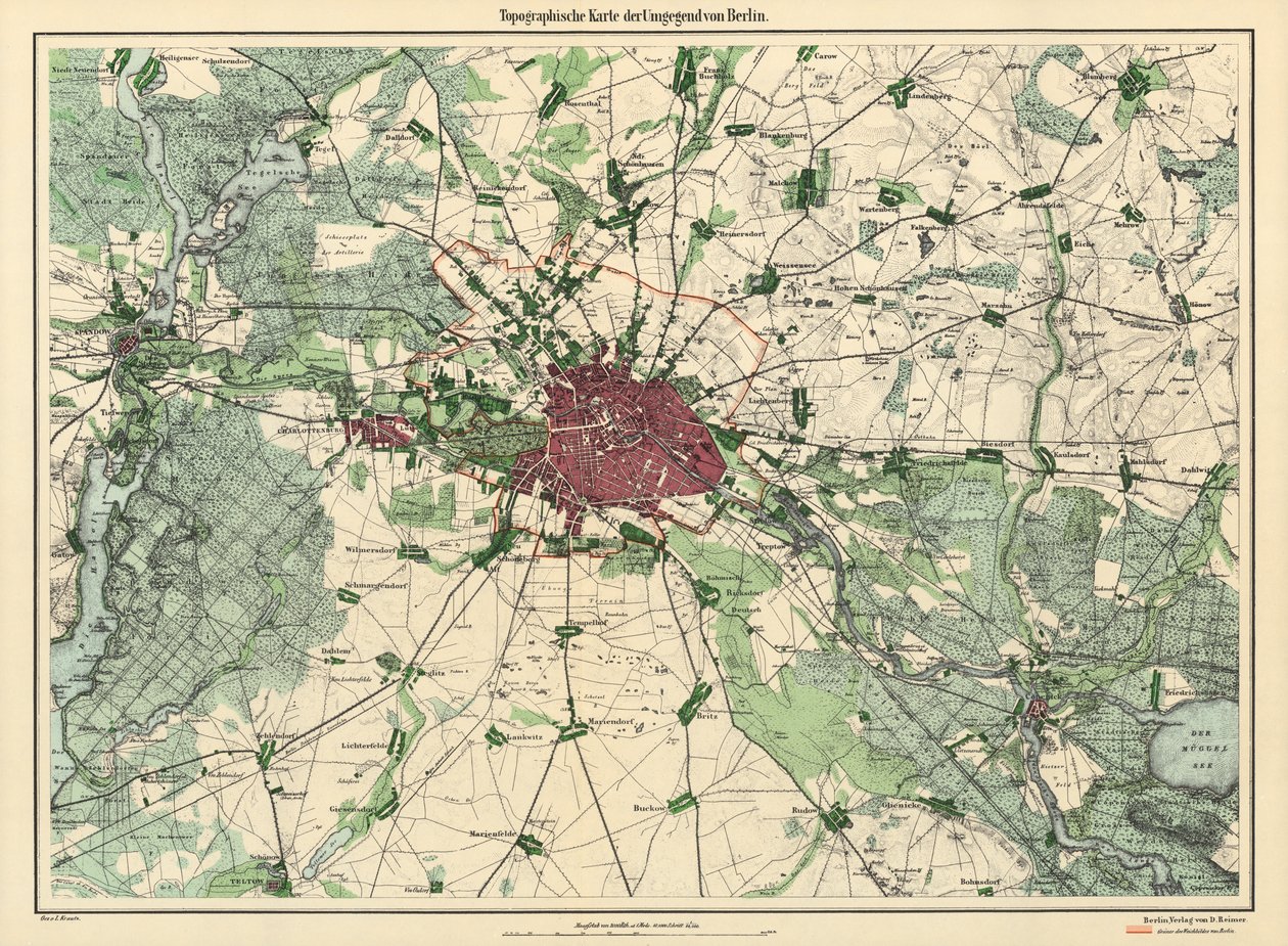 Mapa Berlina, wyd. D. Reimer Verlag, Berlin, 1871 (kolorystyka) autorstwa Leopold Kraatz