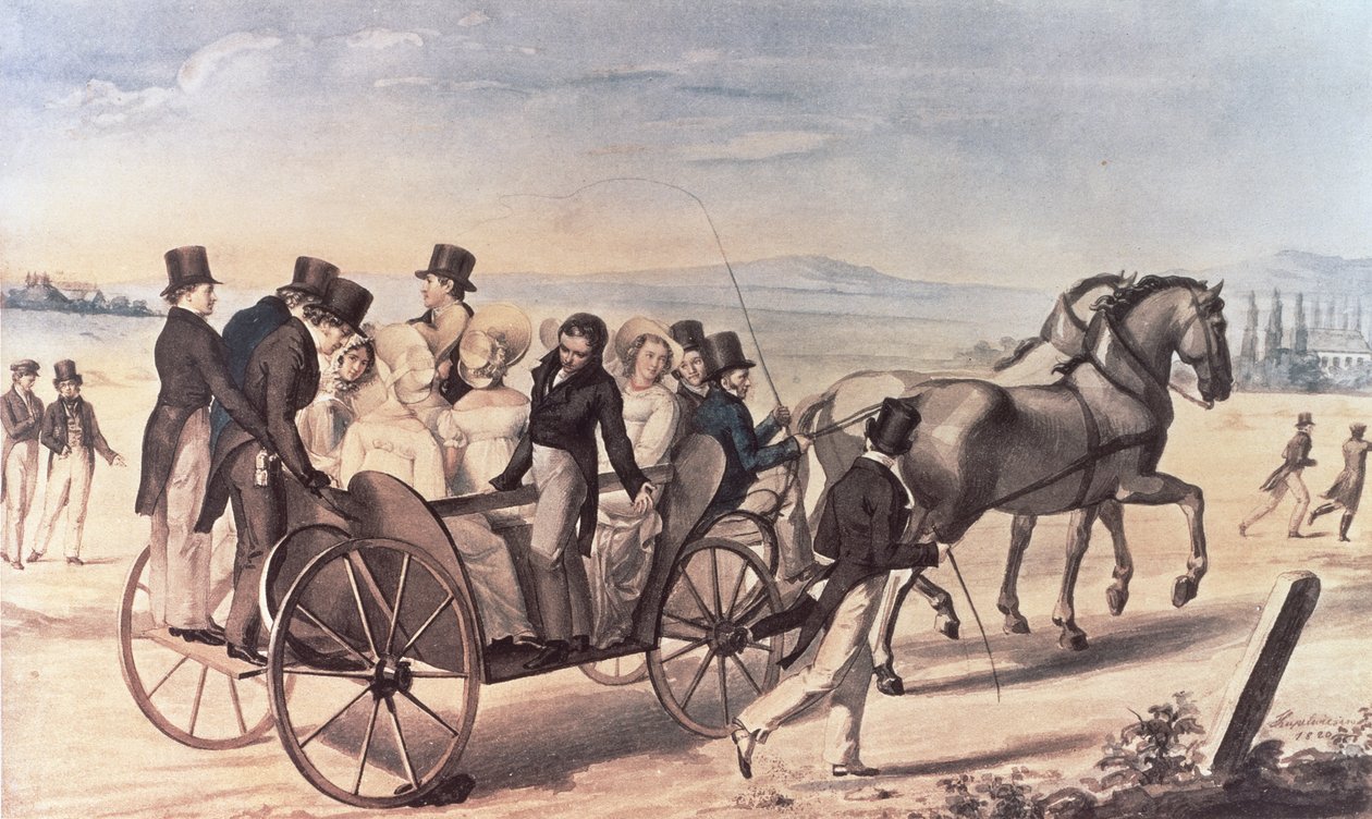 Wycieczka Schubertów z Atzenbrugg do Aumuhl, po lewej Franz Peter Schubert (1797-1828) z artystą, 1820 r. autorstwa Leopold Kupelwieser