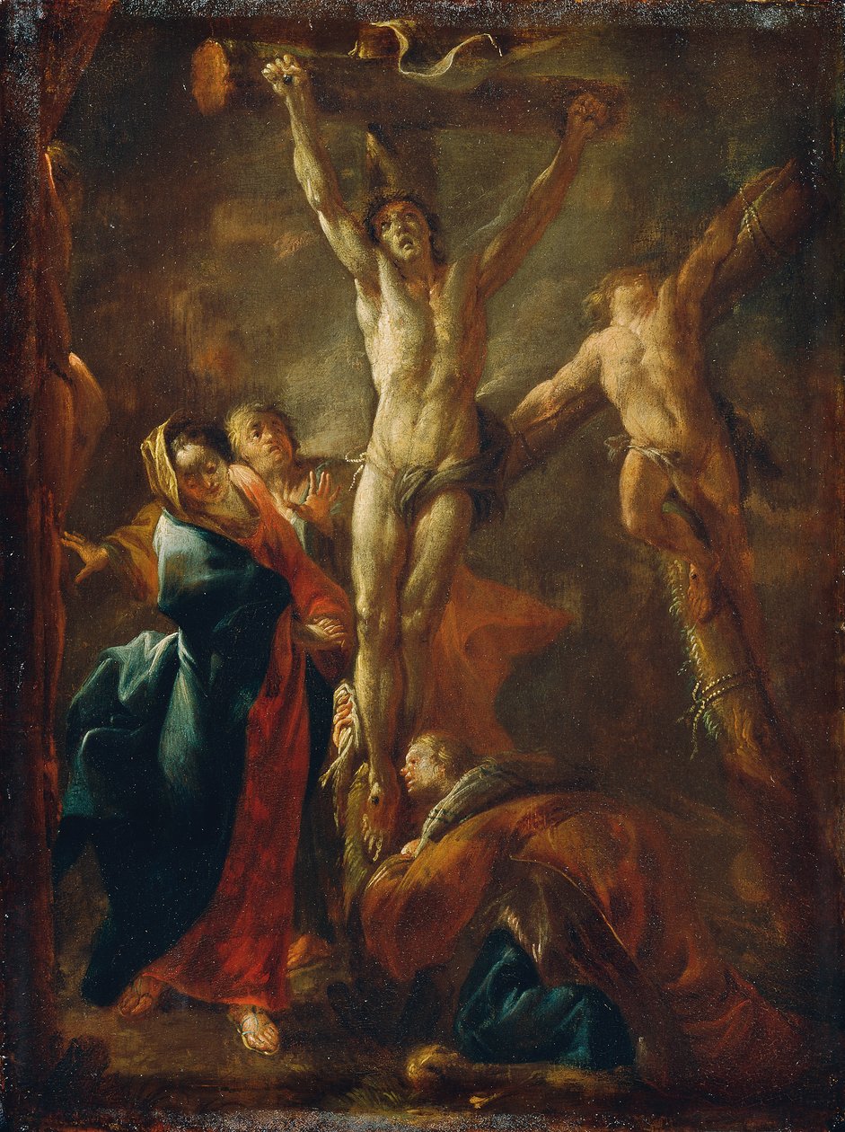 Chrystus na krzyżu z Maryją, Janem, Magdaleną i dwoma złodziejami autorstwa Leopold Blonder