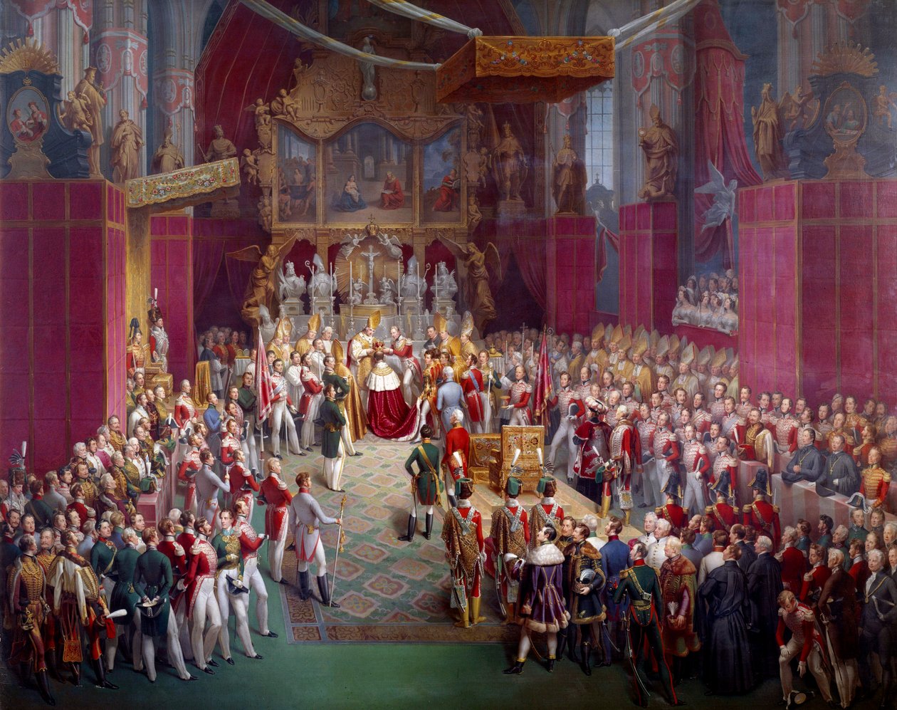 Koronacja cesarza austriackiego Ferdynanda I (1793-1875), także króla Czech pod imieniem Ferdynanda V w katedrze Świętego Guya w Pradze Obraz Leopolda Buchera (1797- po 1858) 1836 Praga, Galeria Narodowa - Cesarz Ferdynand I z Aus autorstwa Leopold Bucher