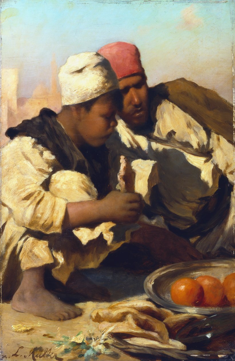 „Arabowie siedzący na targu w Kairze”, c1854-1892 autorstwa Leopold Carl Muller